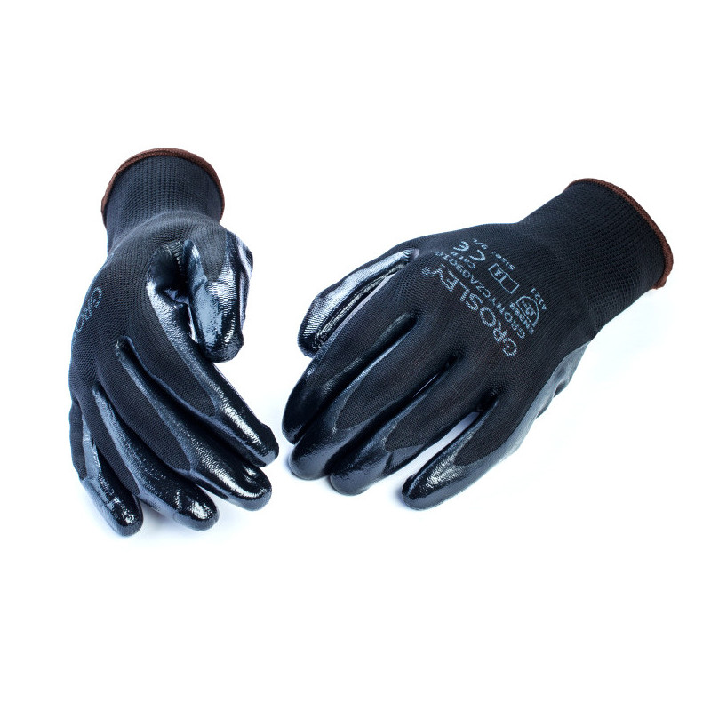 **GR69004/GRONYCZA10010 # Rękawice poliestrowe pokryte nitrylem, czarne 10/XL - 12par