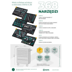 WÓZEK NARZĘDZIOWY 7 SZUFLAD ST95113G PRO CZARNY + 368 NARZĘDZI W PIANKACH