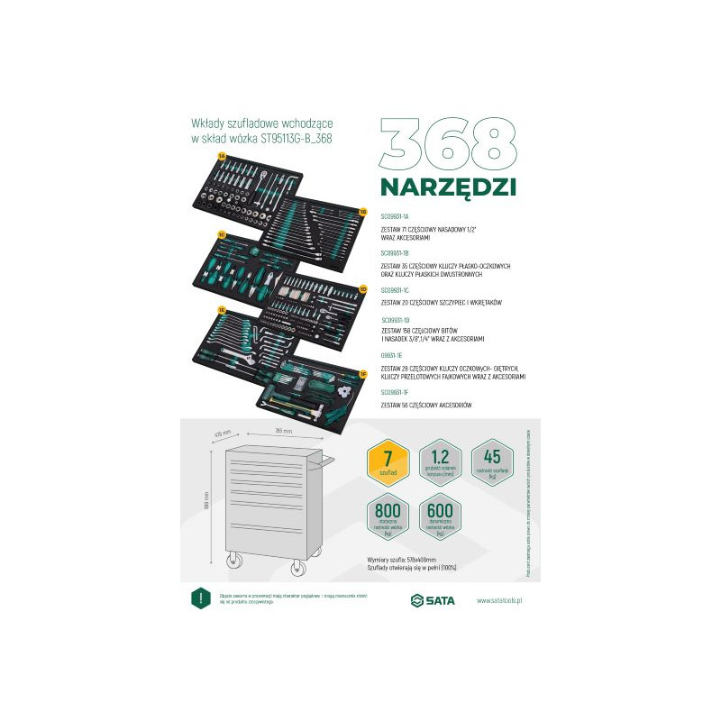 WÓZEK NARZĘDZIOWY 7 SZUFLAD ST95113G PRO CZARNY + 368 NARZĘDZI W PIANKACH