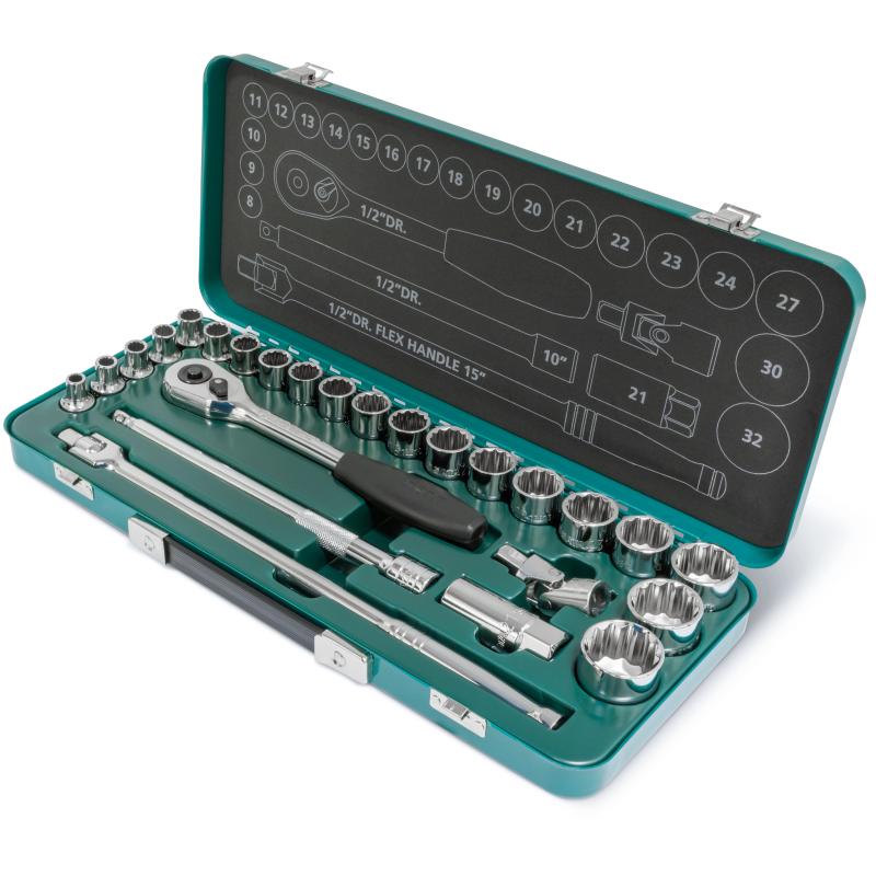 ZESTAW 25 CZ. KLUCZY NASADOWYCH 1/2" 12- KĄTNE W METALOWEJ KASECIE
