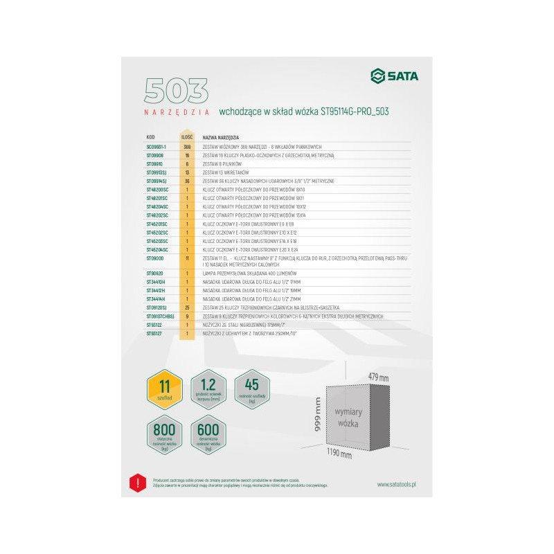 WÓZEK NARZĘDZIOWY 11 SZUFLAD ST95114G PRO ZIELONY + 503 NARZĘDZIA