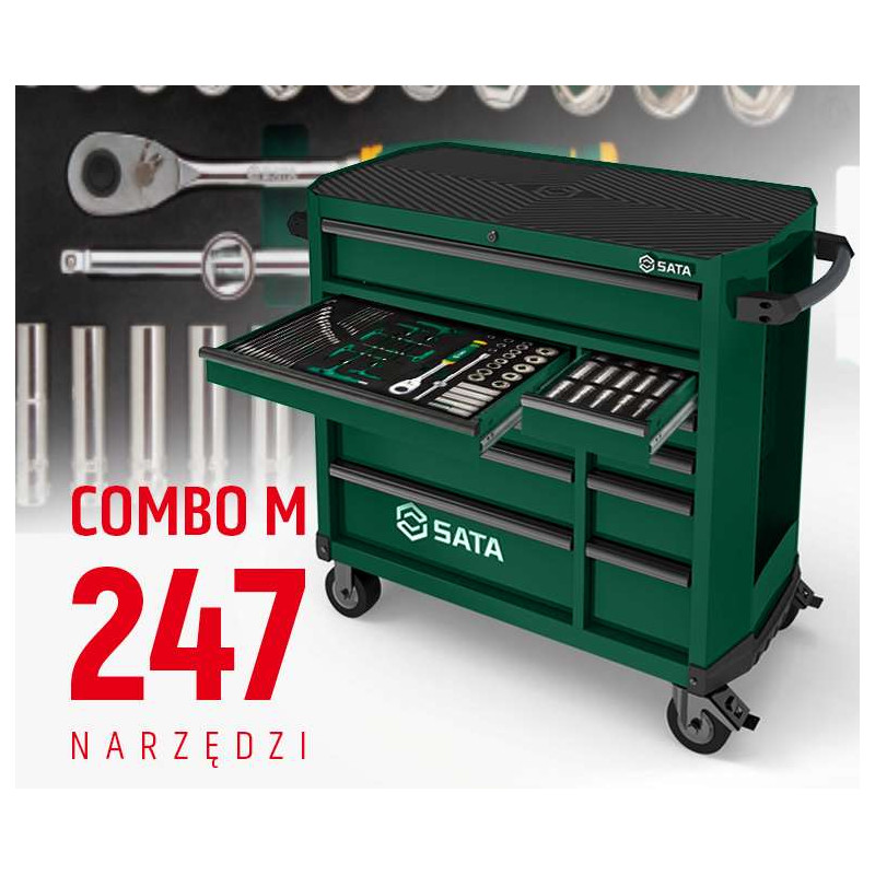 WÓZEK NARZĘDZIOWY 11 SZUFLAD ST95114G PRO ZIELONY +  ST09929G-M ZESTAW WKŁADEK PIANKOWYCH EVA COMBO M 247 NARZĘDZI