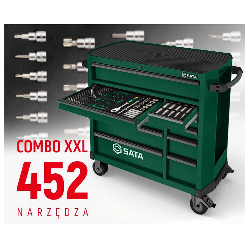 WÓZEK NARZĘDZIOWY 11 SZUFLAD ST95114G PRO ZIELONY +  ST09929G-XXL ZESTAW WKŁADEK PIANKOWYCH EVA COMBO XXL 452 NARZĘDZIA