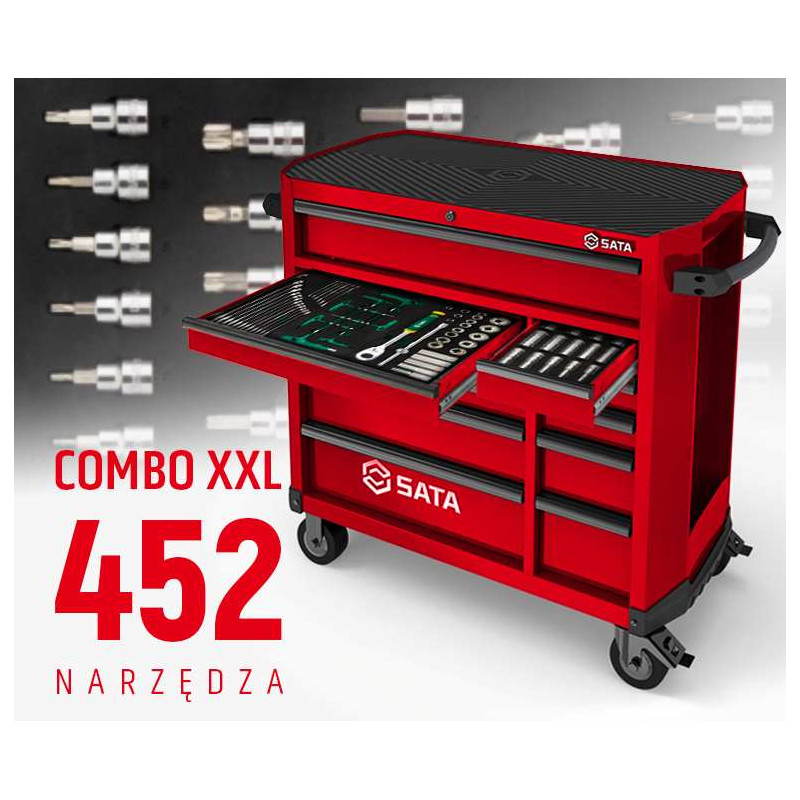 WÓZEK NARZĘDZIOWY 11 SZUFLAD ST95114G PRO CZERWONY +  ST09929G-XXL ZESTAW WKŁADEK PIANKOWYCH EVA COMBO XXL 452 NARZĘDZIA